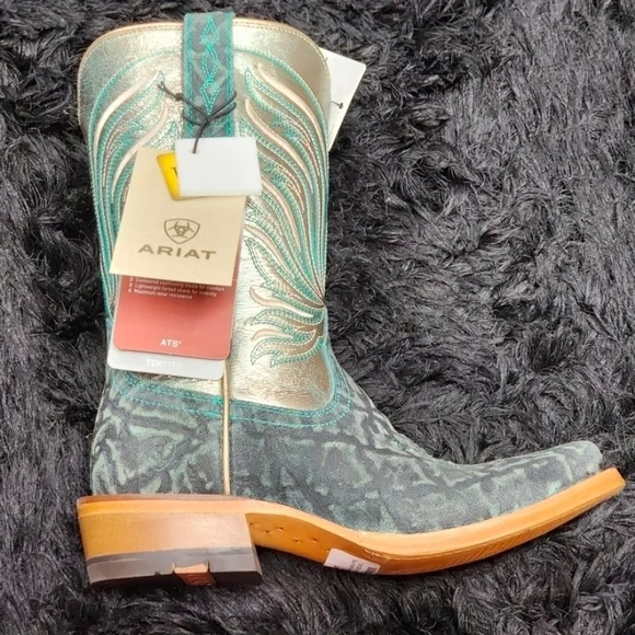 ARIAT Futurity Elephant Print Size 8.5 Green Gold Cowboy Boots Square Toe - Picture 3 of 8